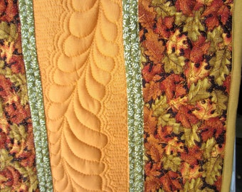 Glittery Fall Leaves Quilted Table Runner; Custom Quilted Feathers Table Pad; Handmade Table Topper in Autumn Fall Colors; Table Setting