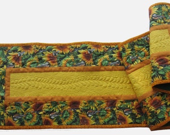 Xtra Long Sunflowers & Chickadees Quilted Table Runner; Custom Quilted Feathers Table Pad; Handmade Table Topper in Autumn Fall Colors;