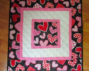 19" Quilted Square Valentines Anniversary Red and Pink Hearts with Multiple Borders and Double Cross Hatch Quilting Table Topper