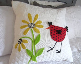 Red Polka Dot Cartoon Appliqued Chicken with Daisies Pillow Cover, 20x20 Custom Quilted Throw Toss Pillow