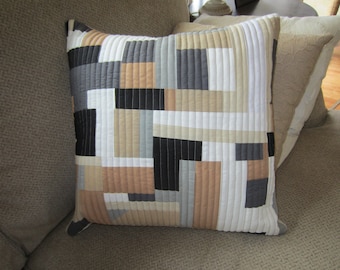 Abstract Winter White Beige and Gray Colored Quilted Pillow Cover, Artistic Color Block Throw Pillow, Neutral Scrappy Block Quilted Pillow