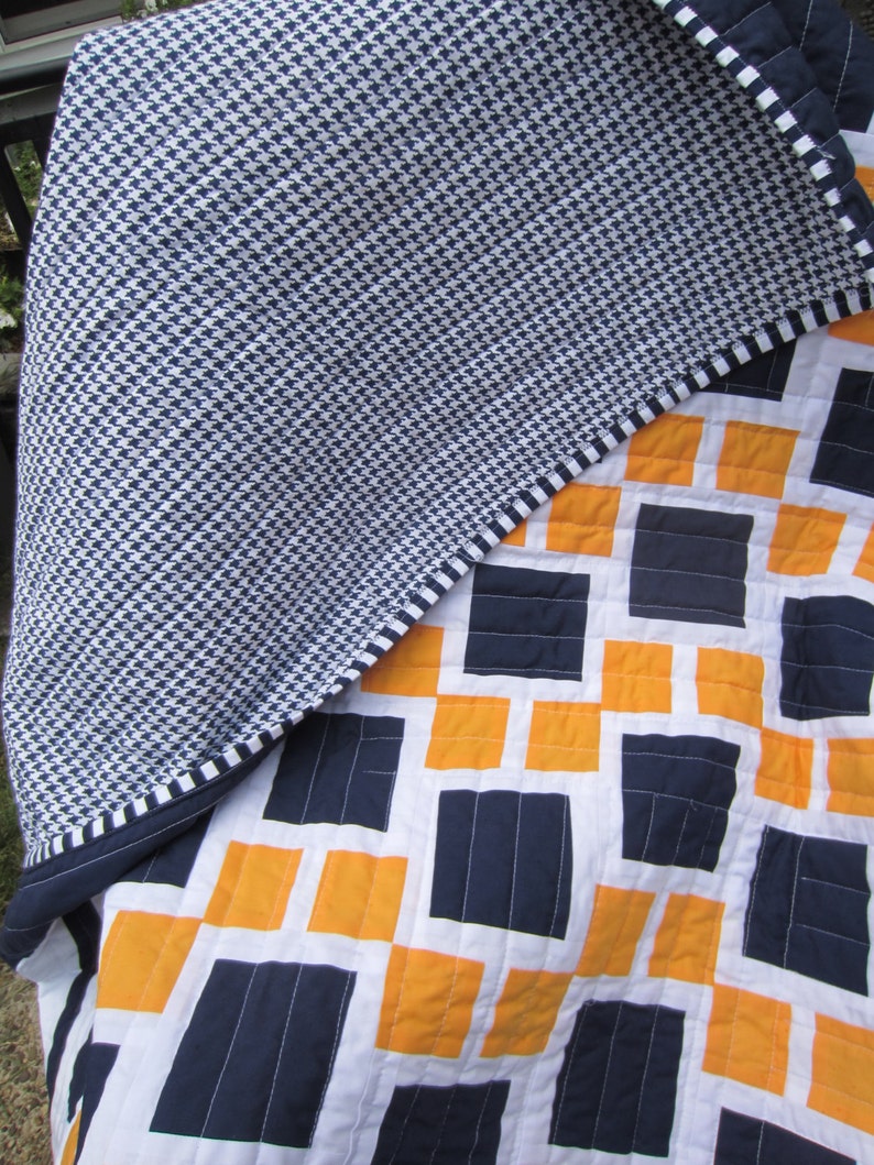 Blue White and Orange Traditional Block Quilt; Team Spirit Quilt; Double Sided Contemporary Lap or Sofa Quilted Throw