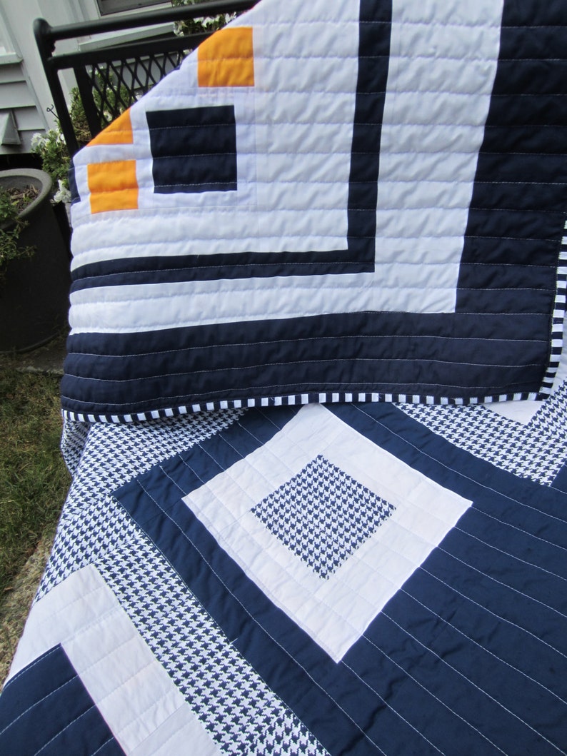 Blue White and Orange Traditional Block Quilt; Team Spirit Quilt; Double Sided Contemporary Lap or Sofa Quilted Throw