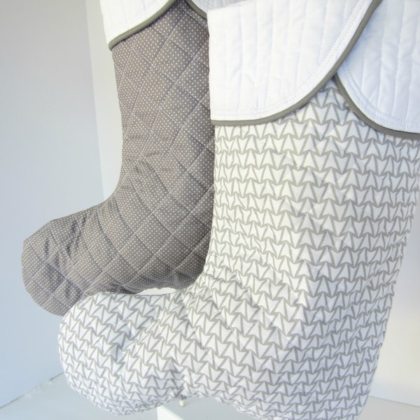 Gray Quilted Christmas Stocking with White Cuff, Mix Match Coordinating Family Holiday Stockings