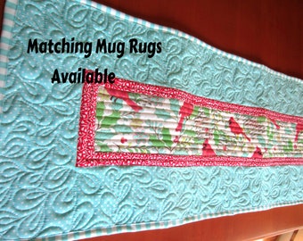 Aqua and Red Quilted Table Runner; Christmas Cardinals Table Pad; Seasonal Handmade Table Topper ; Holiday Table Setting