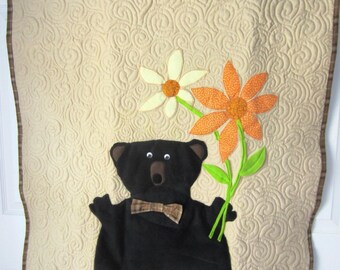 Small Appliqued Fat Black Bear Wearing a Bow Tie with Flowers Quilted Baby Blanket