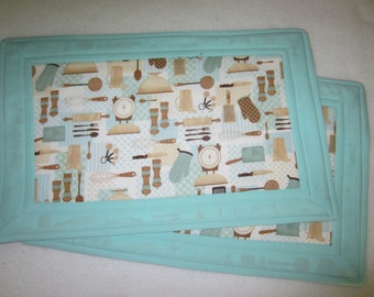 Pair of Kitchen Utensils Themed Quilted Placemats in Aqua and Brown, Casual Table Settings, 11" x 17 1/4"