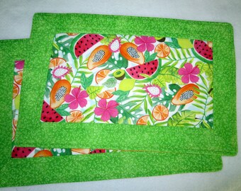 Pair of Quilted Placemats Featuring Tropical Fruits in Greens and Oranges, Casual Summer Table Settings, 11 3/4" x 18"