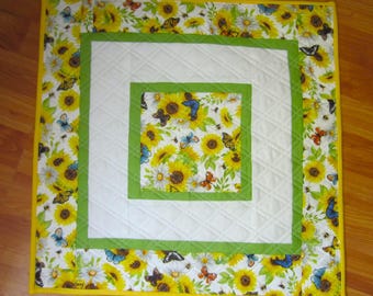 21" Quilted Square Yellow Sunflowers and Blue Butterflies White Background w/ Multiple Borders and Double Cross Hatch Quilting Table Topper