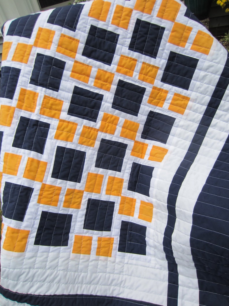 Blue White and Orange Traditional Block Quilt; Team Spirit Quilt; Double Sided Contemporary Lap or Sofa Quilted Throw