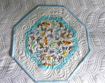 15.5" Colorful and Delicate Butterflies in White Octagonal Quilted Table Topper Rimmed in Powder Blue with Custom Quilting