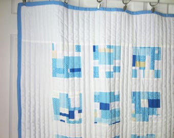Small Modern Unisex Powder Blue and White Patchwork Quilted Baby Blanket; Gender Neutral Abstract Cotton Crib Bedding