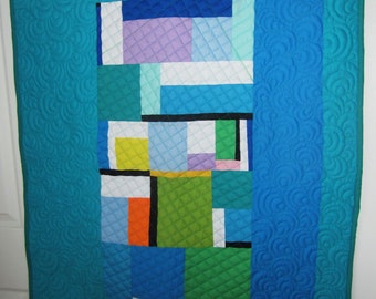 Small Modern Unisex Color Block Blue and Teal Quilted Baby Blanket; Gender Neutral Abstract Cotton Crib Bedding with Custom Quilting
