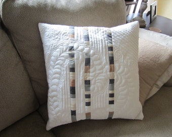 Abstract Winter White Grey Black and Beige Quilted Pillow Cover, Neutral Scrappy Strip Block Quilted Throw Pillow with Feathered Heart