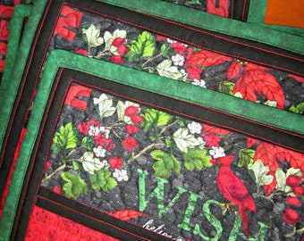 Christmas Green Red and Black Quilted Mug Rugs, Snack Mats, Coasters, Mini Placemat, Candle or Coffee Mat, Hot Pad