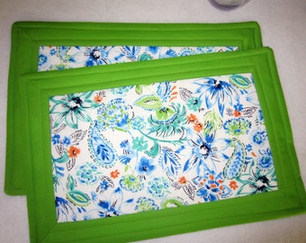 Pair of Blue Green White Quilted Placemats Featuring Abstract Watercolor Tropical Foliage, Casual Summer Table Settings, 10 3/4" x 16 3/4"