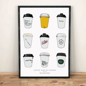 Op de afbeelding: Een zwart-witte illustratie van negen verschillende koffiebekers met de tekst "COFFEE CUPS OF ELWOOD MELBOURNE" onderaan.