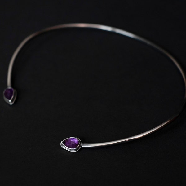 Sterling Silver Collar Necklace with Amethyst, Amethyst Torc Necklace, Wire Choker, Amethyst Torque Necklace