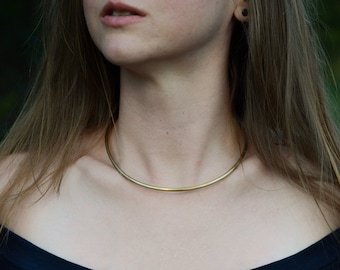 May include: A gold-colored choker necklace. The necklace is a simple, thin, and circular design. The model is wearing a black off-the-shoulder top. The background is blurred, with green and brown tones.