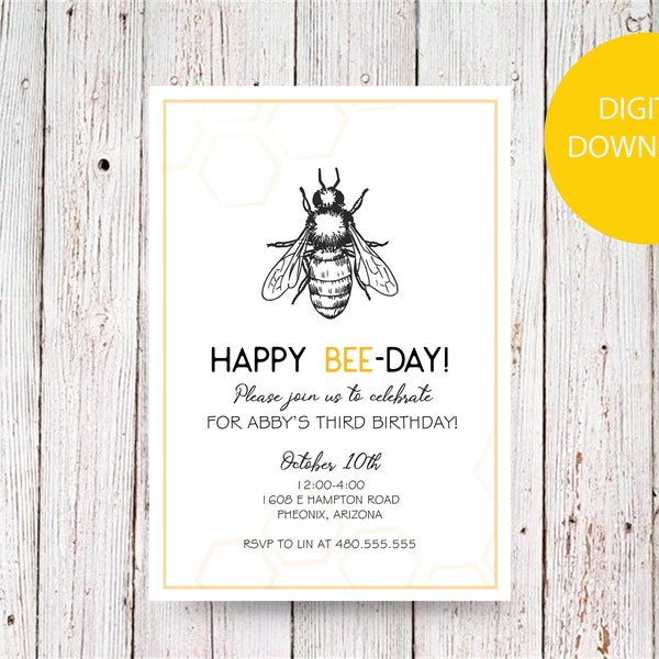 Happy Bee Day Children's custom birthday Invitation, Printable first birthday party