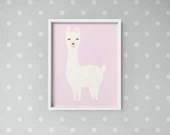 Pink Llama Cartoon Nursery Farm Animal Print, Alpaca Wall Hanging Printable, Happy llama, Baby Animal