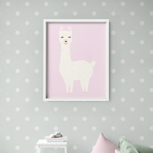 Pink Llama Cartoon Nursery Farm Animal Print, Alpaca Wall Hanging Printable, Happy llama, Baby Animal