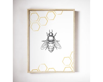 Honeycomb & Bee Art Printable, Honey bee and insect wall print, bumble bee wall art download