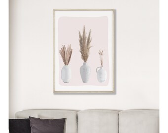 Dried Pampas Grass Printable, Wheat grain, Palm Leaf Digital download, floral plant print, blush pink vase, minimal white vase print