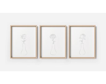 Line Art Floral Set Wall Printable, rose, peony, dahlia, Digital download, Minimal Art, black and white home decor