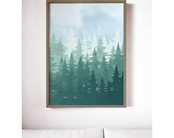 Tree and Mountain Wall Printable, Water Color Forest, Digital download, wild nature plant print