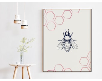 Pink Bee and Honeycomb  Printable, Honey bee wall print, bee digital download, modern wall print, bee happy