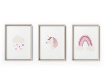 Pink Rainbow & Unicorn Wall Art Printable, Gender Neutral  Printable Nursery Wall Art, Baby Shower Nursery Gift, Purple Girls Room