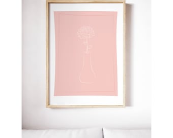 Line Art Dahlia Vase, blush pink , Digital download, floral print, minimal line art, white on pink, indoor plant art