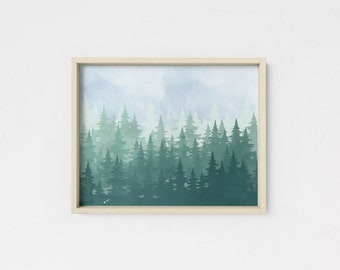 Tree andMountain Wall Printable, Water Color Forest, Digital download, wild nature plant print