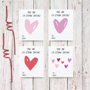 Etiqueta especial do Dia dos Namorados para crianças Ex-STRAW, etiqueta do Dia dos Namorados com coração, cartão de doces do Dia dos Namorados com confete, Dia dos Namorados para impressão