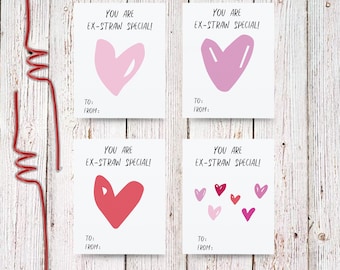 Ex-STRAW Special Childrens Valentine's Day Tag, Heart Valentine's Day Tag, Confetti Valentine's Day Candy Card, , Printable Valentine's Day