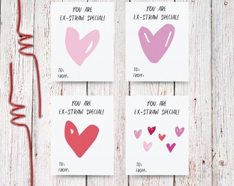 Ex-STRAW Special Childrens Valentine's Day Tag, Heart Valentine's Day Tag, Confetti Valentine's Day Candy Card, , Printable Valentine's Day