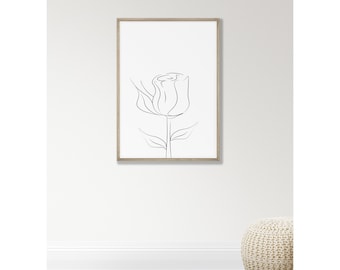 Line Art Rose stem, Digital download, floral print, minimal line art, black and white, indoor plant ar, wall hanging, nuetral decor