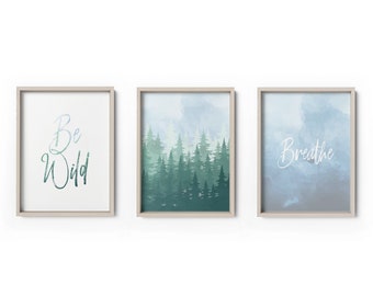 Tree and Mountain, Be Wild, Breathe Wall Printable, Water Color Forest, Digital download, wild nature plant print