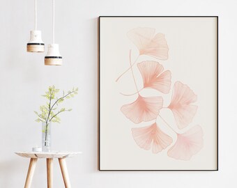 Blush Pink Ginkgo Wall Printable, Water Color Leaf, Digital download, Floral plant print