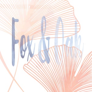 May include: A watercolor illustration of two ginkgo leaves in shades of pink and blue with the text "Fox & Oak" superimposed on the leaves.