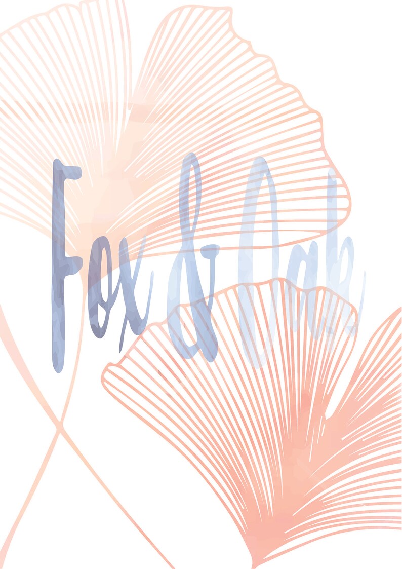 May include: A watercolor illustration of two ginkgo leaves in shades of pink and blue with the text "Fox & Oak" superimposed on the leaves.