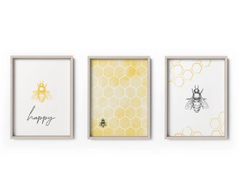 Bee and Honeycomb Package Printable, Honey bee wall print, bee digital download, modern wall print, bee happy