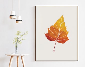 Fall Birch Leaf Wall Art Print, Red seasonal digital download, feature wall printable
