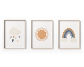 Blue Rainbow & Sun Wall Art Printable, Gender Neutral  Printable Nursery Wall Art, Baby Shower Nursery Gift, Mid Century