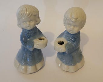 Vintage Children Choir Figurines ~ Bone China Candle Holders ~ Set of 2