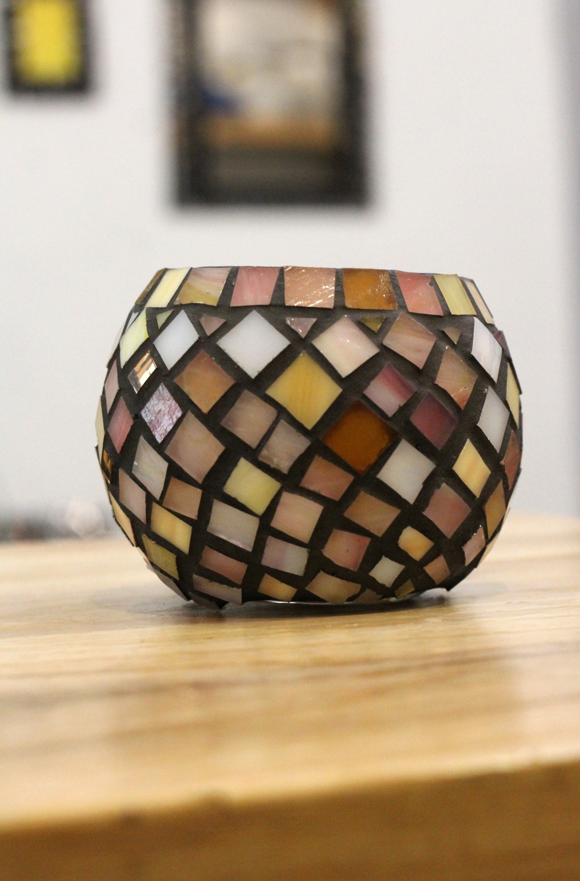 Bowl tealight holder Stained glass mosaic lamp Nature lover Etsy