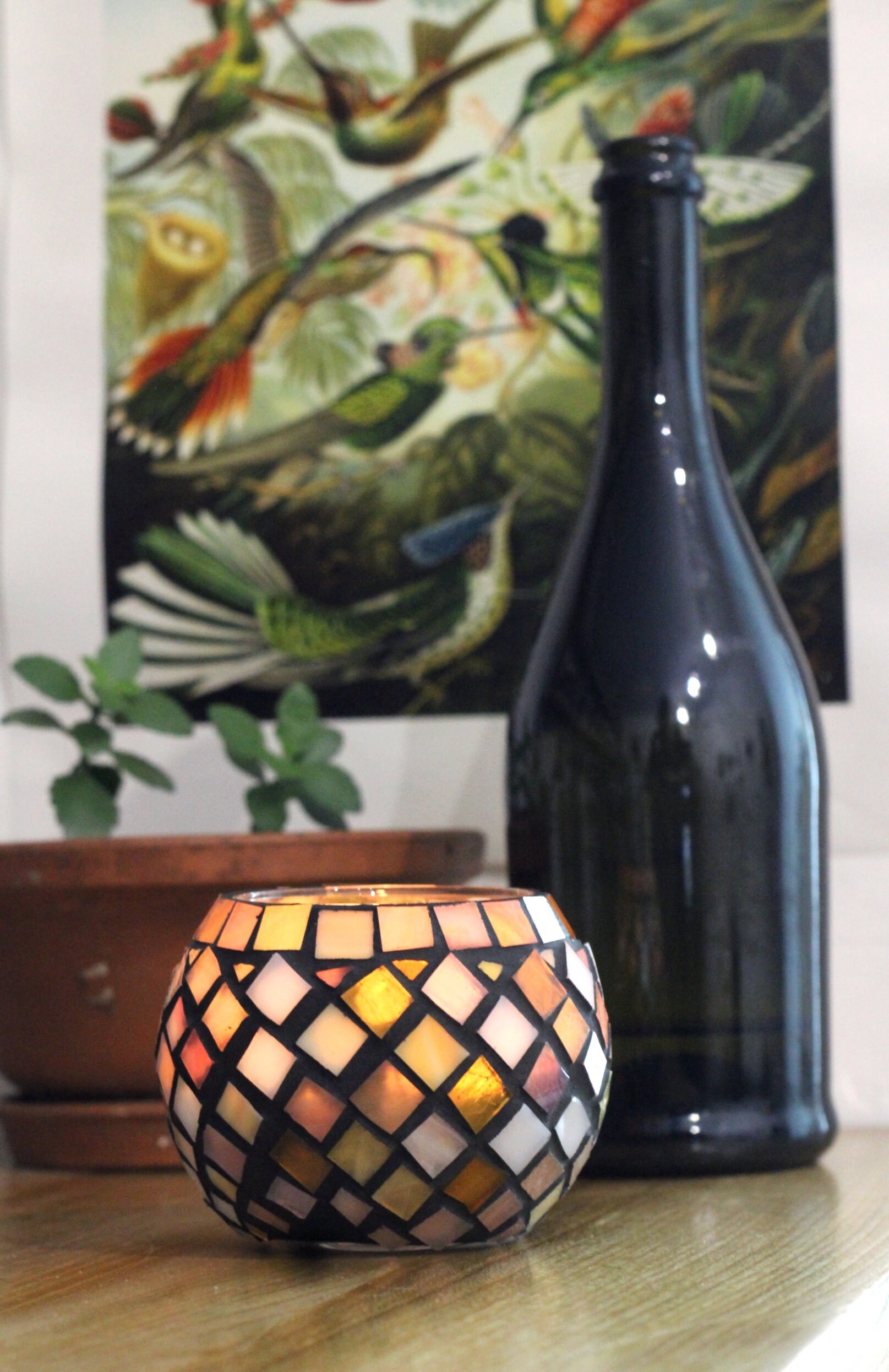 Bowl tealight holder Stained glass mosaic lamp Nature lover Etsy