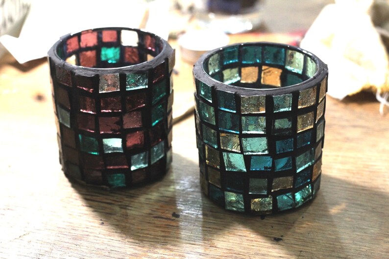 Green Glass Mosaic Candle Holder Desk Accessories Bedroom Etsy