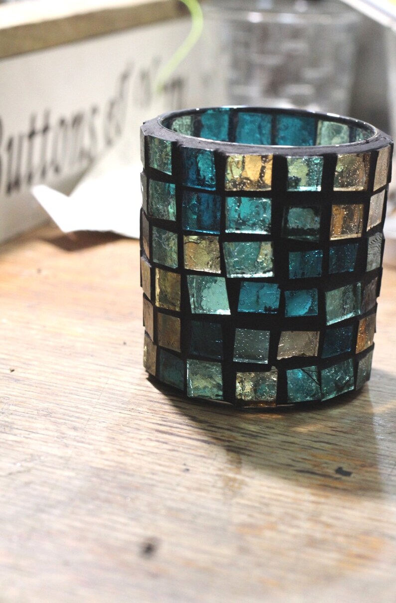 Green Glass Mosaic Candle Holder Desk Accessories Bedroom Etsy